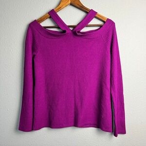 1.STATE Purple Rib Knit Cutout Sweater Criss Cross‎ M Long Sleeve Stretchy Soft